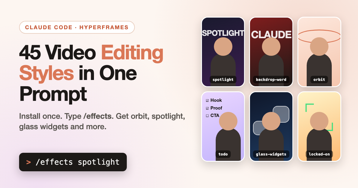 Install HyperFrames in Claude Code, one-shot your first AI video, then add a free GitHub skill that gives you 45 editing styles (orbit, spotlight, glass widgets and more) with one shortcut each. Full list included.