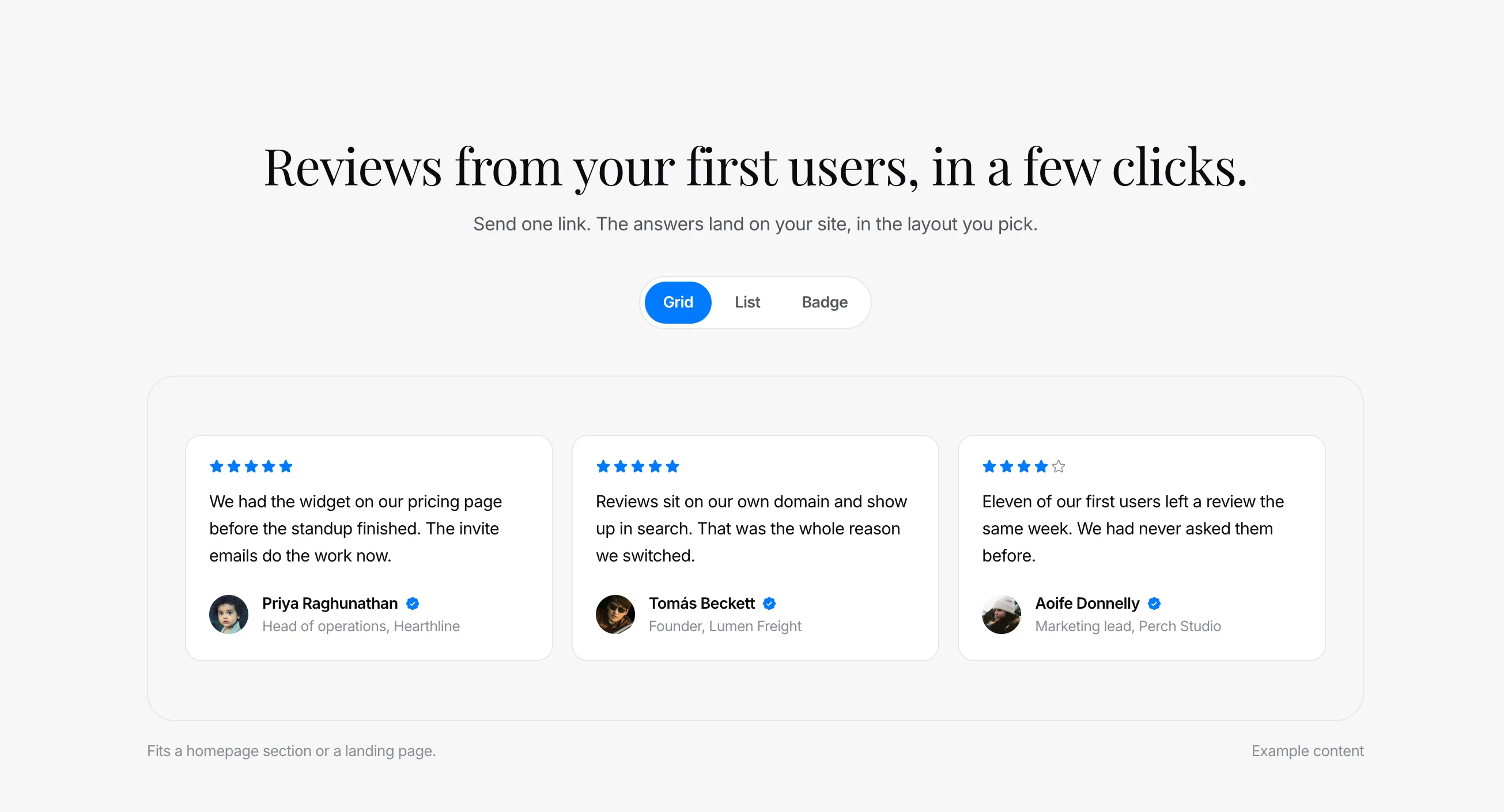 Customer reviews and testimonials collected through Quizzings