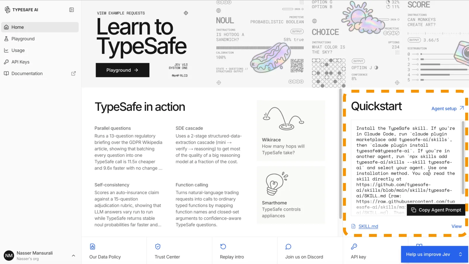 The Quickstart panel on the right of the TypeSafe console homepage, with the Copy Agent Prompt button