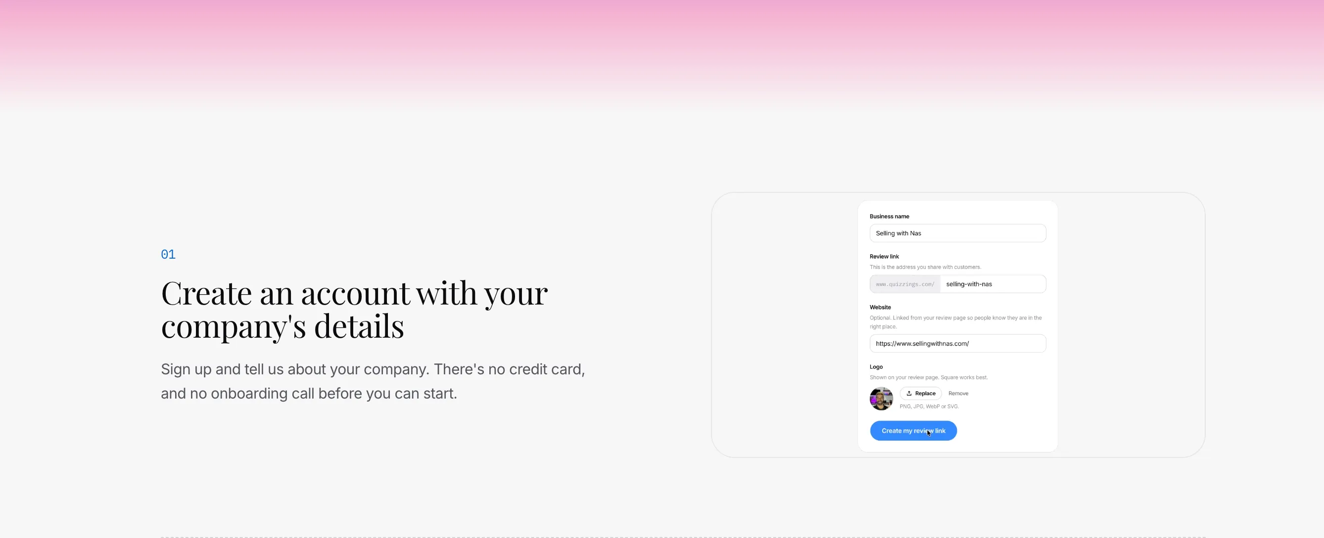 Setting up a business profile and review link on Quizzings
