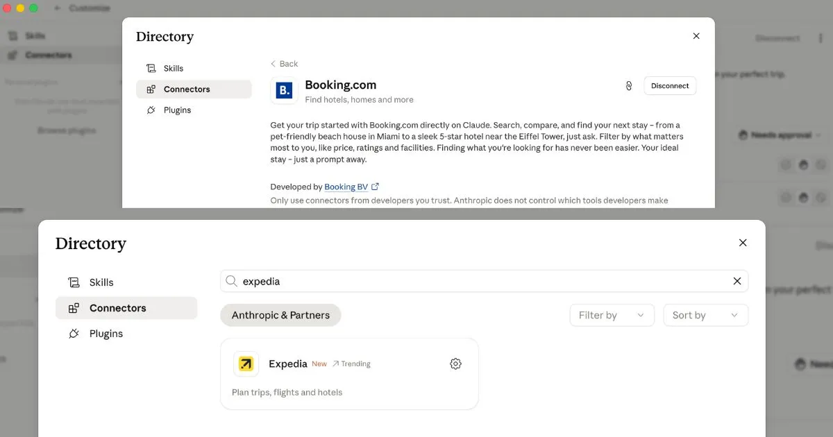 Expedia and Booking.com MCP connectors inside the Claude Connectors directory